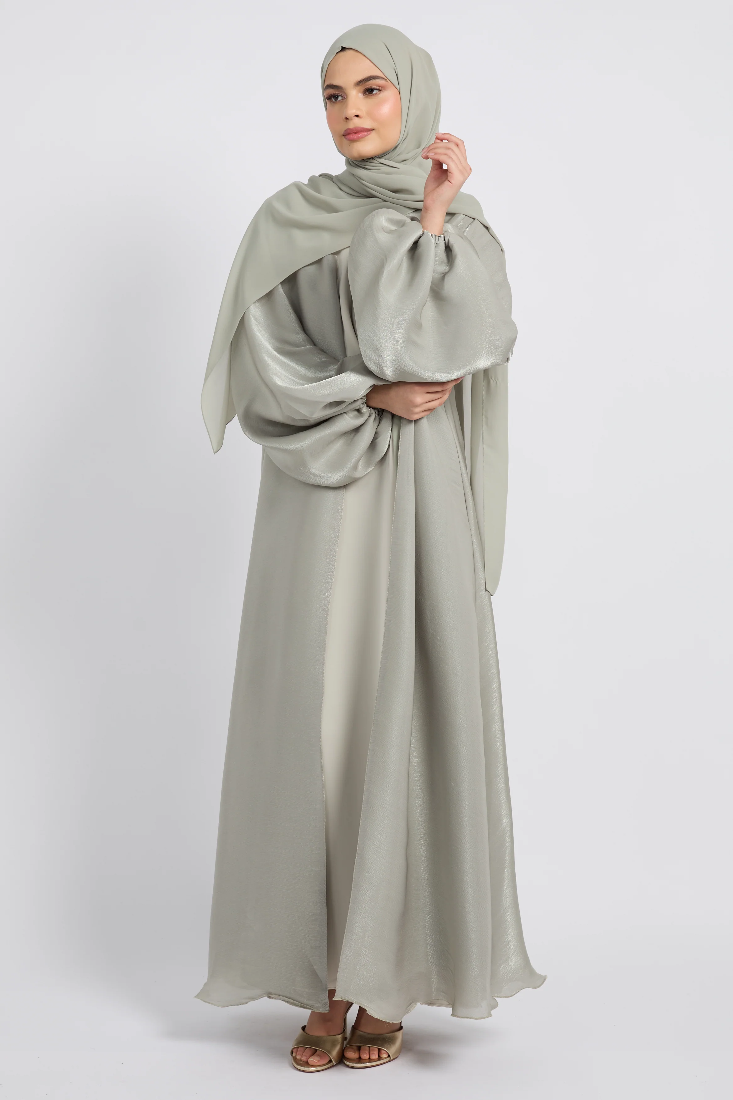 Luxury Moonlight Organza Open Abaya - Sage - Image 4