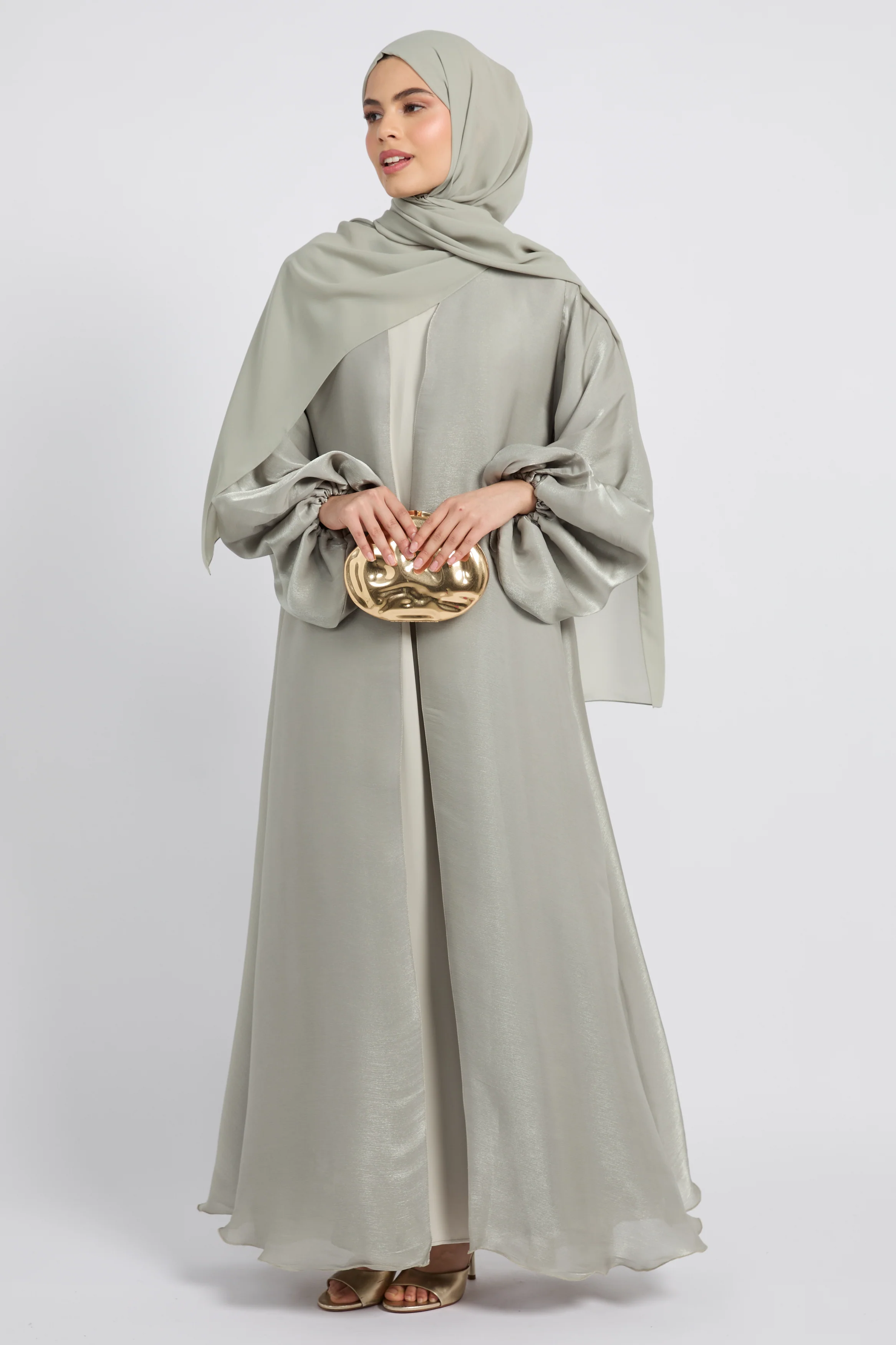 Luxury Moonlight Organza Open Abaya - Sage - Image 5