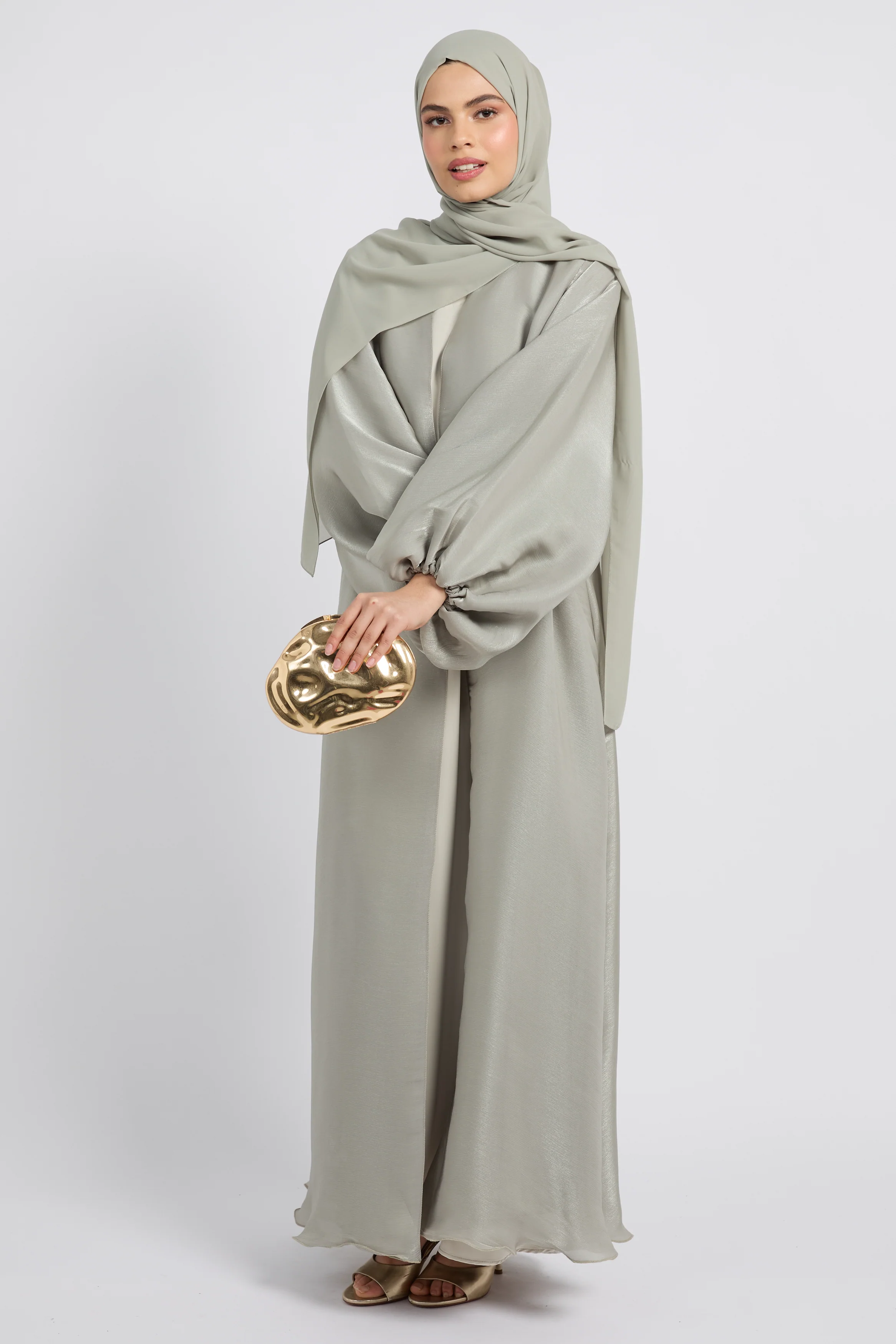 Luxury Moonlight Organza Open Abaya - Sage - Image 6