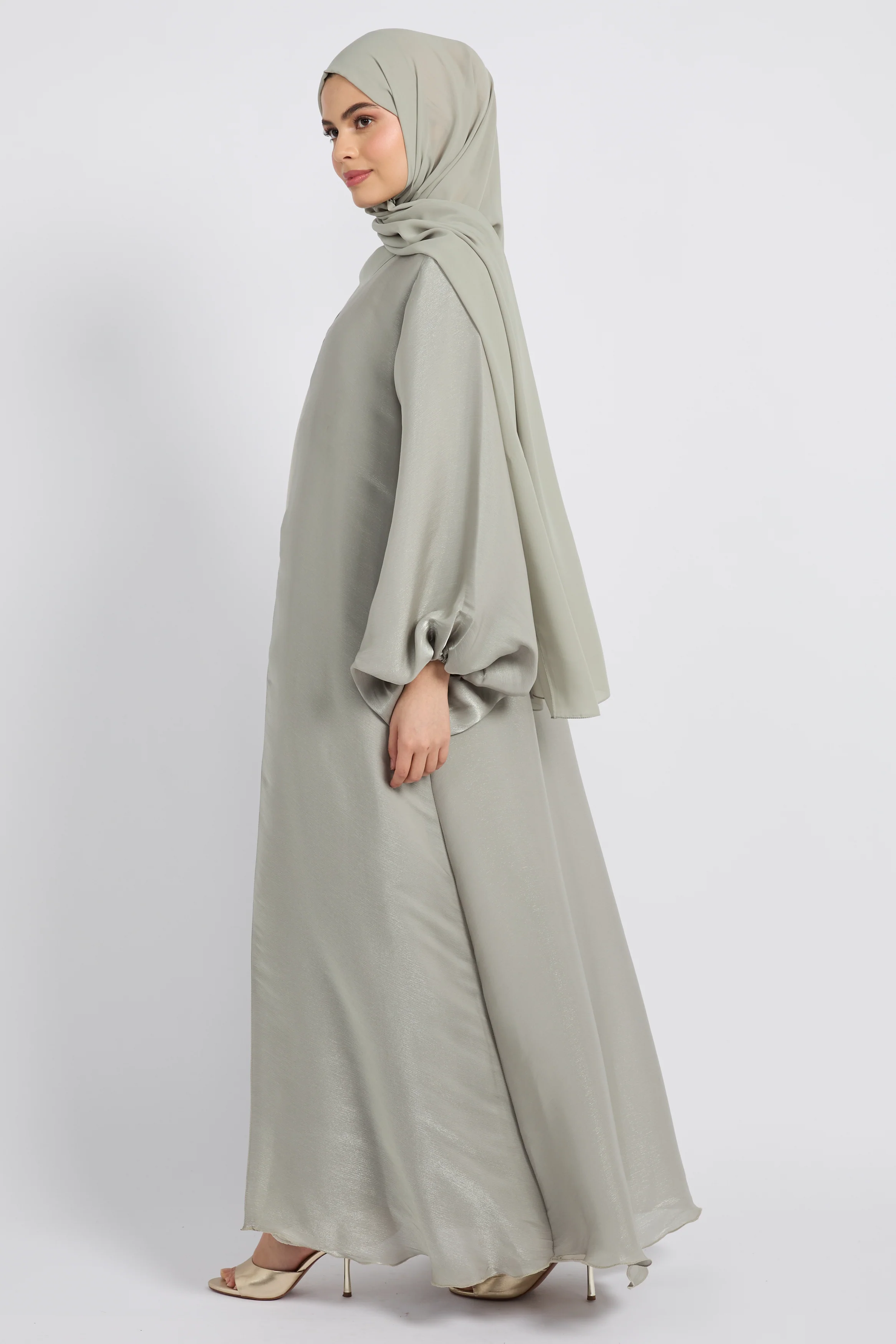 Luxury Moonlight Organza Open Abaya - Sage - Image 7