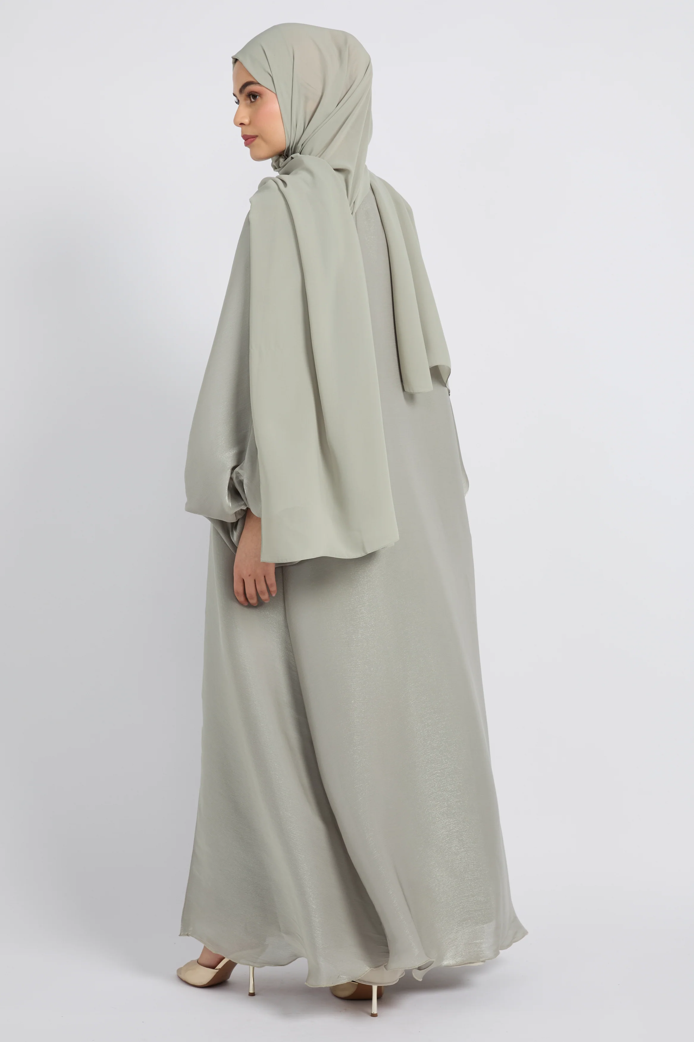 Luxury Moonlight Organza Open Abaya - Sage - Image 8