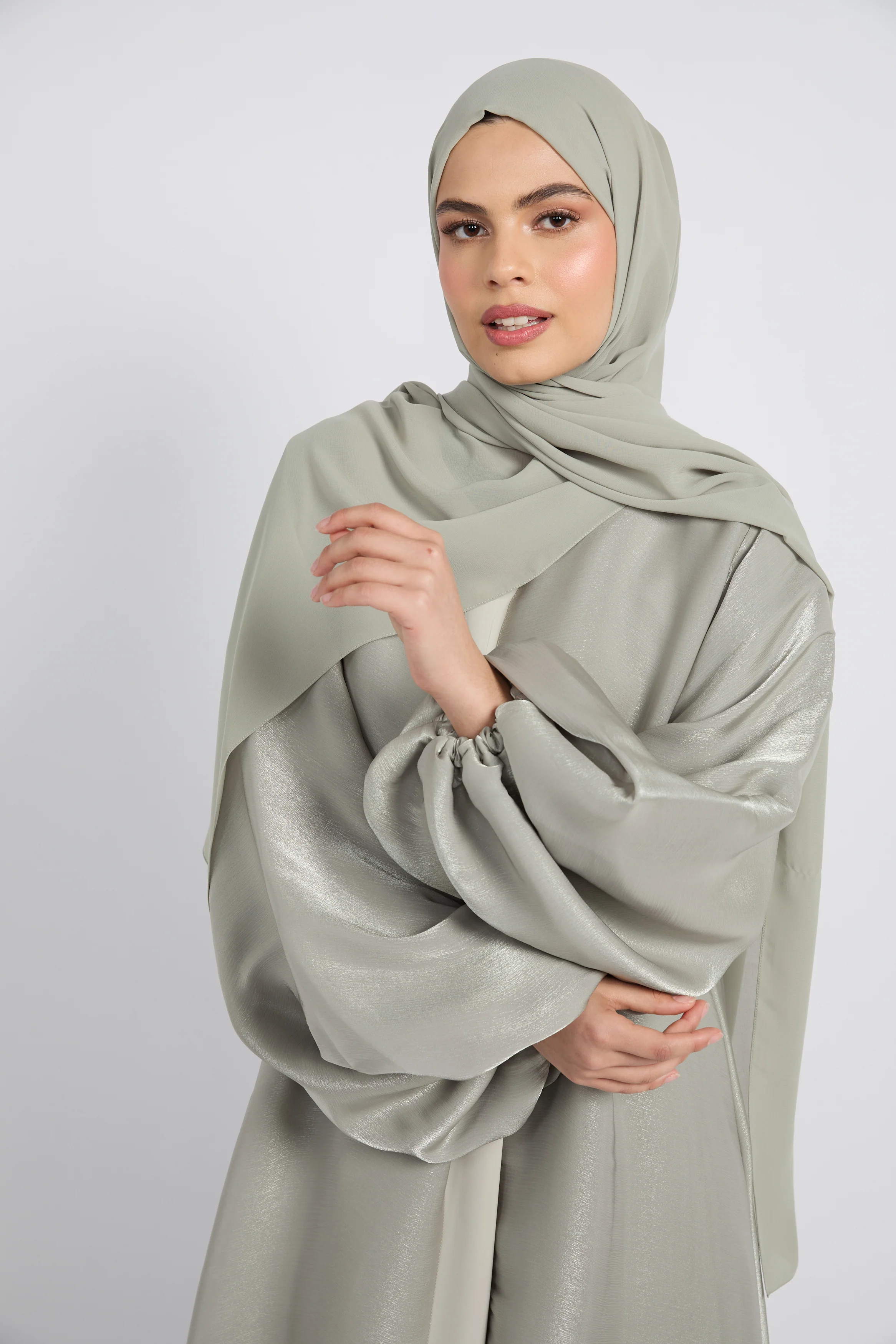 Luxury Moonlight Organza Open Abaya - Sage - Image 9