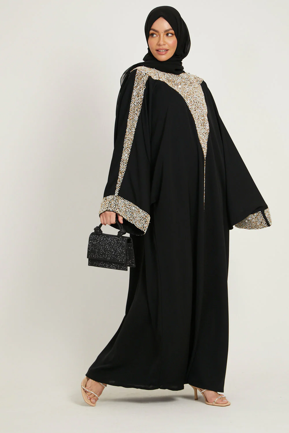 Luxury Moonlit Pearl Blossom Closed Abaya – Black - Image 6