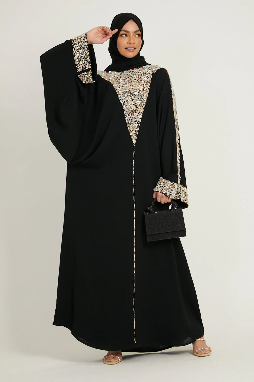 Luxury Moonlit Pearl Blossom Closed Abaya – Black - Image 8