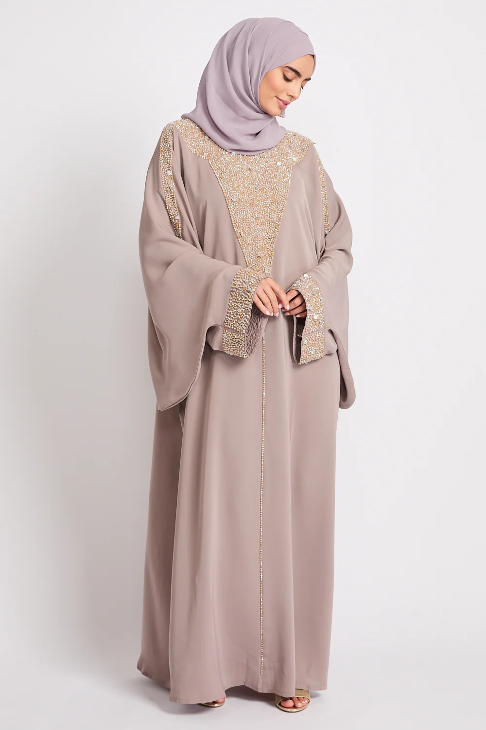 Luxury Moonlit Pearl Blossom Closed Abaya – Lilac Taupe