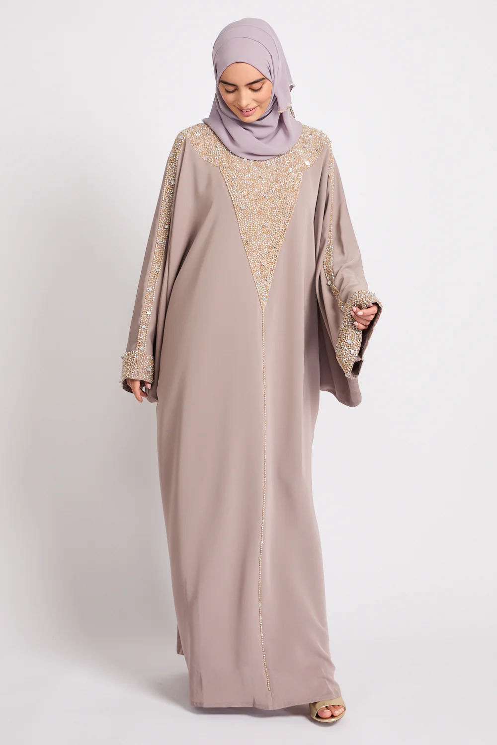 Luxury Moonlit Pearl Blossom Closed Abaya – Lilac Taupe - Image 10