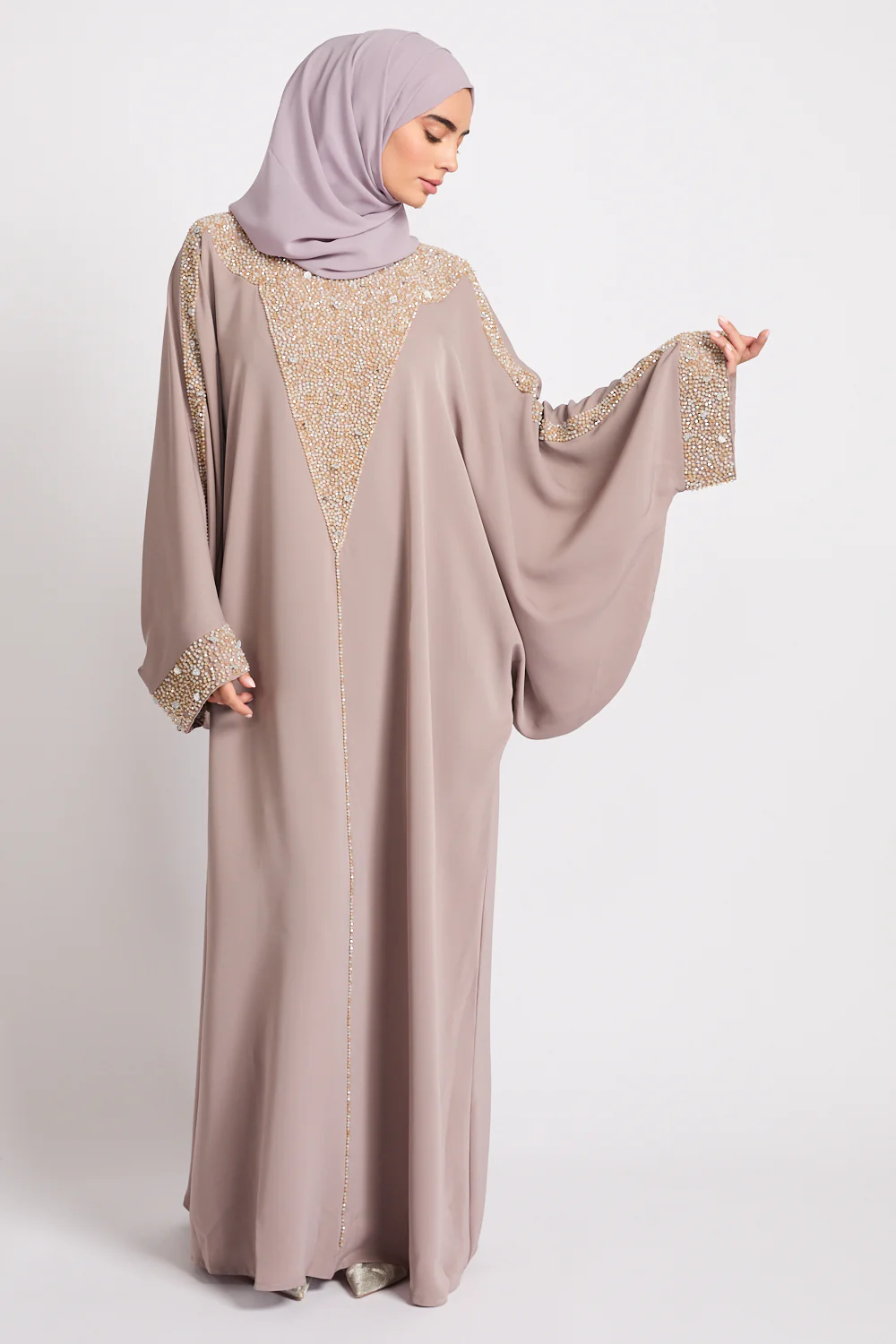 Luxury Moonlit Pearl Blossom Closed Abaya – Lilac Taupe - Image 3