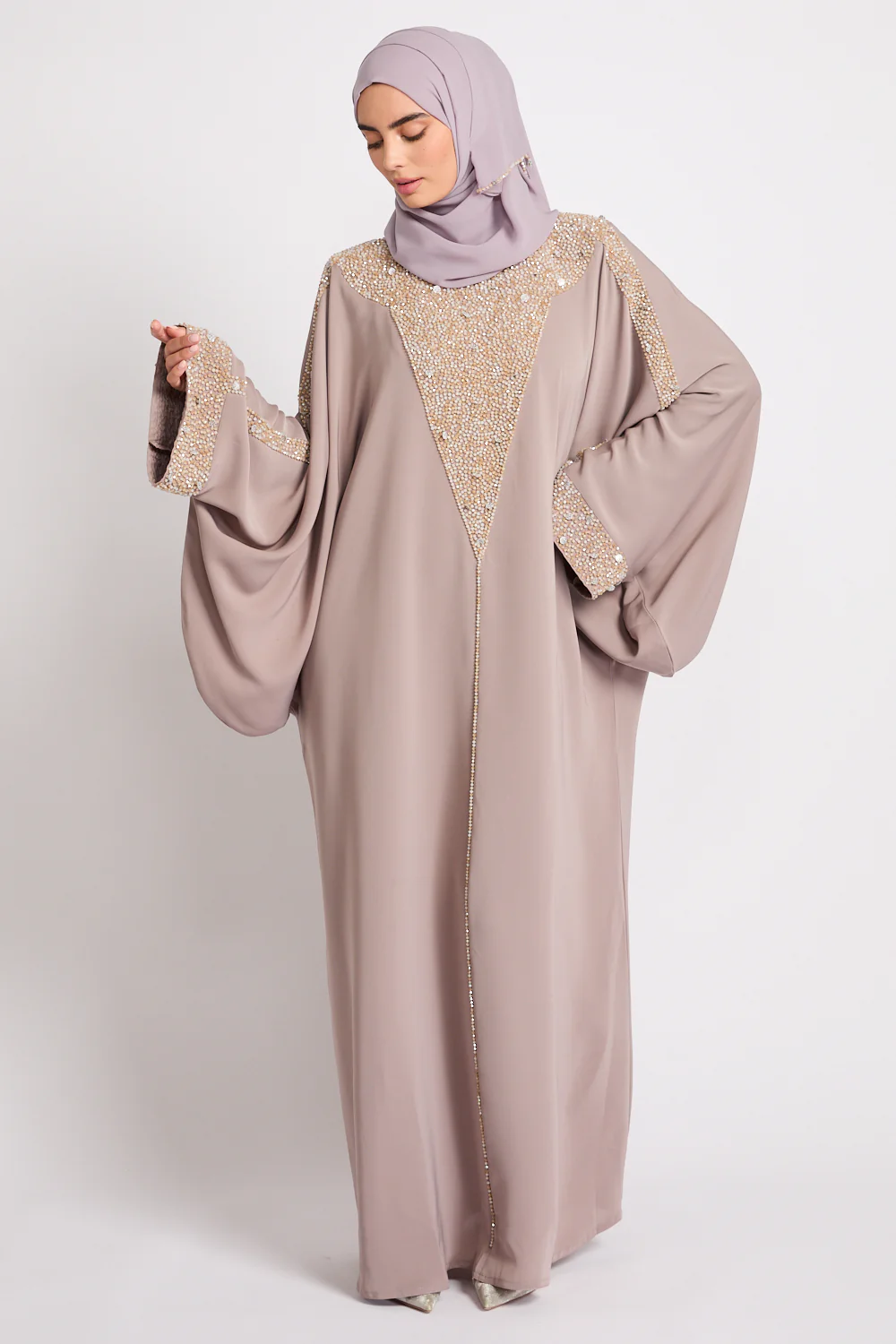 Luxury Moonlit Pearl Blossom Closed Abaya – Lilac Taupe - Image 6