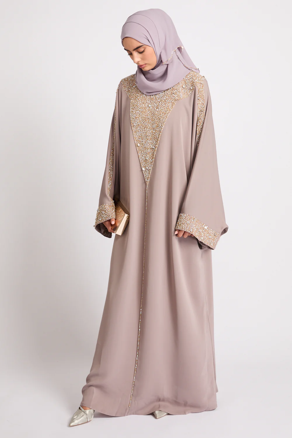 Luxury Moonlit Pearl Blossom Closed Abaya – Lilac Taupe - Image 7