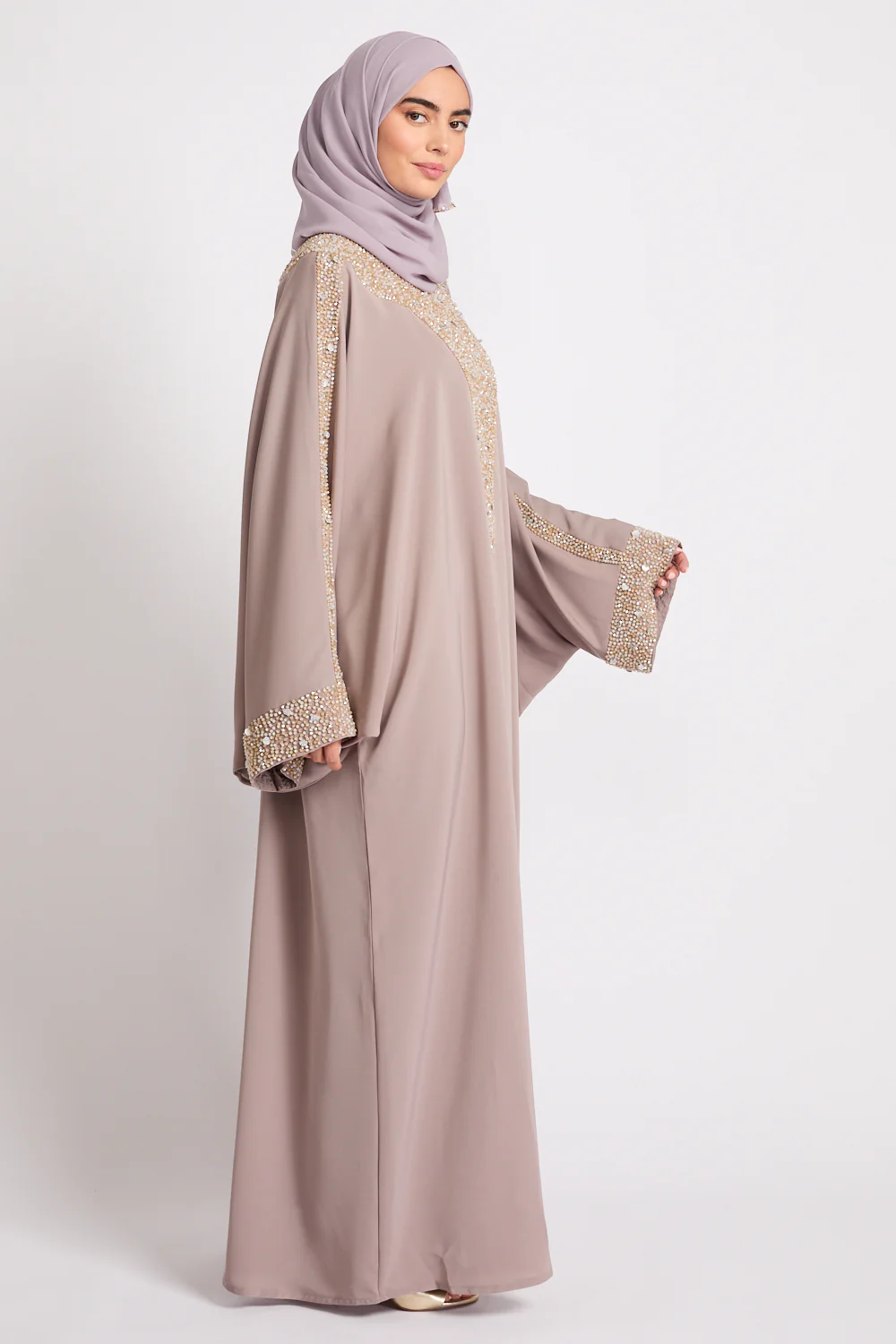 Luxury Moonlit Pearl Blossom Closed Abaya – Lilac Taupe - Image 8