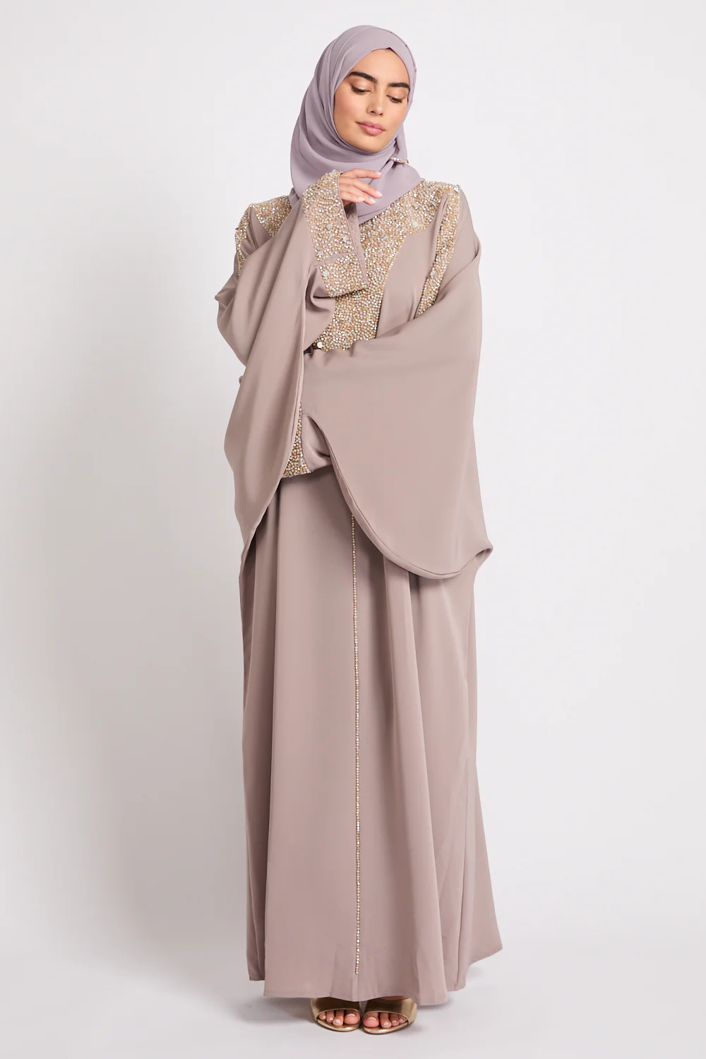 Luxury Moonlit Pearl Blossom Closed Abaya – Lilac Taupe - Image 9