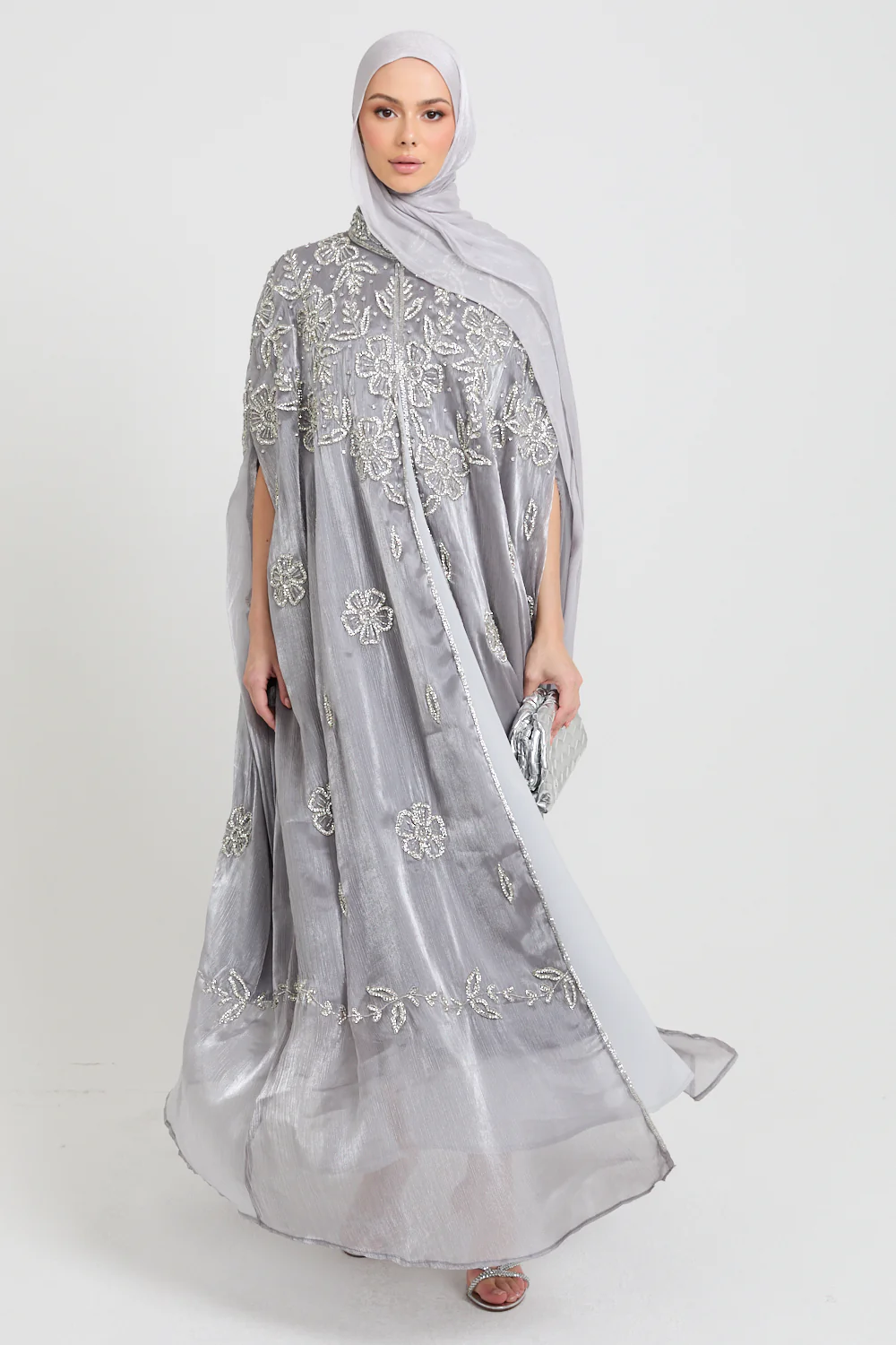 Luxury Moonlit Petals Embellished Cape - Silver Bloom
