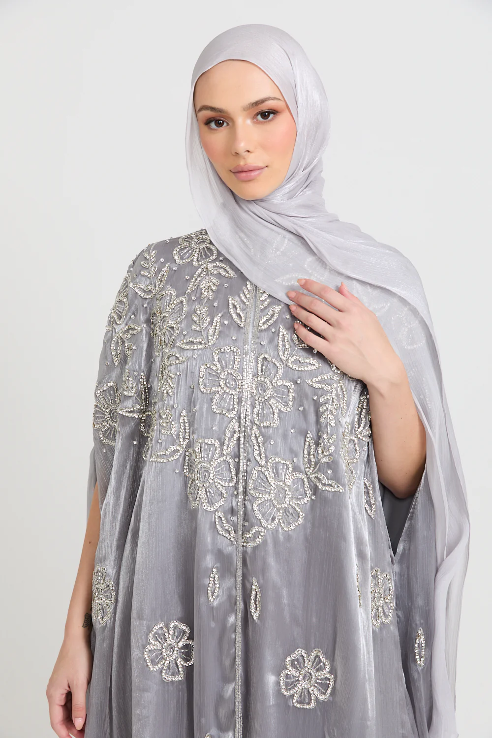 Luxury Moonlit Petals Embellished Cape - Silver Bloom - Image 2