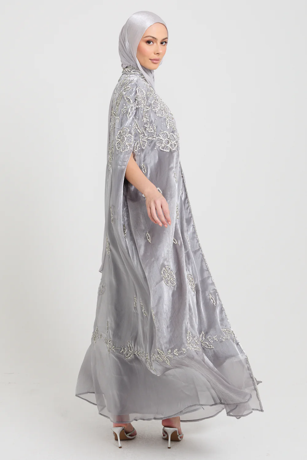Luxury Moonlit Petals Embellished Cape - Silver Bloom - Image 3