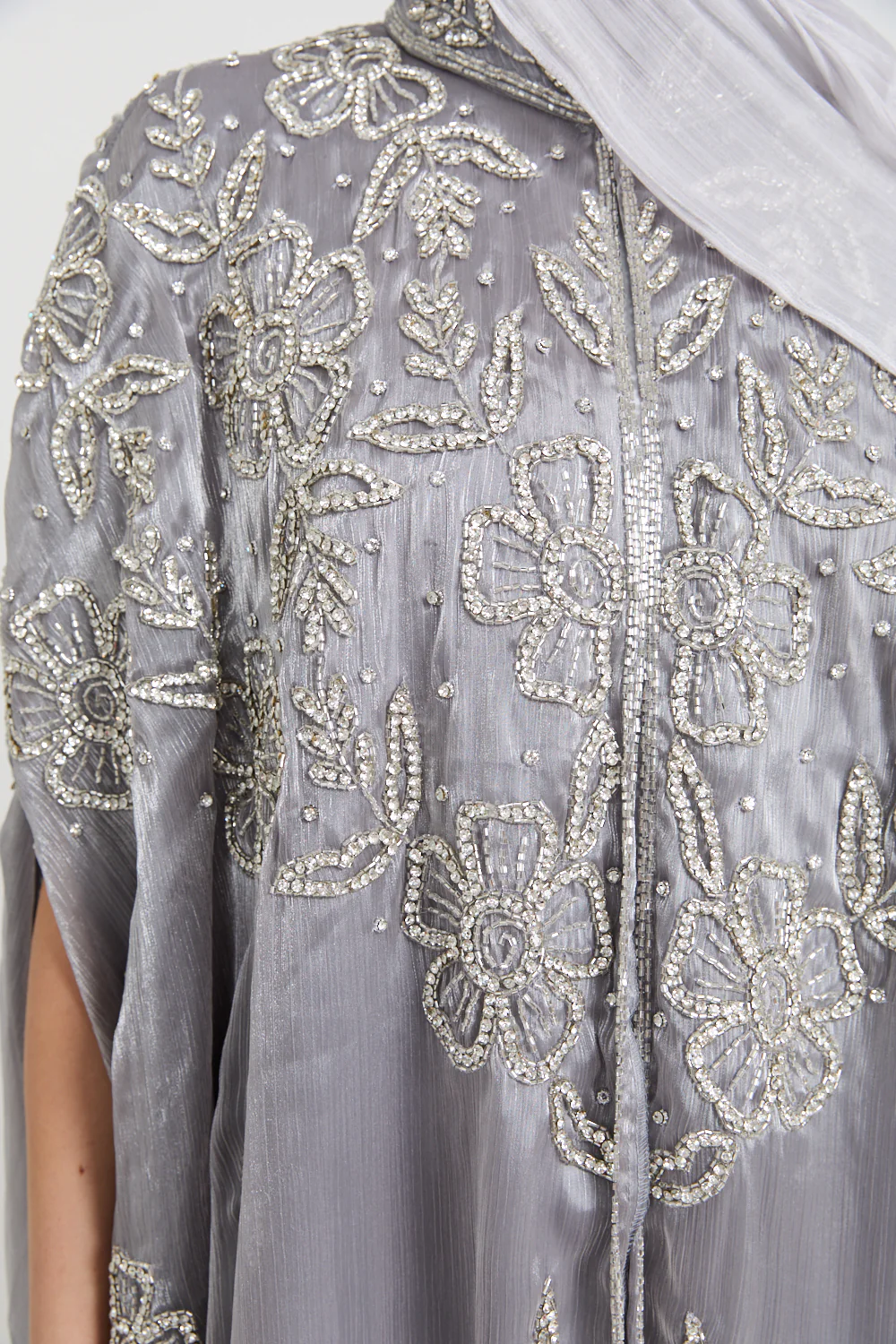 Luxury Moonlit Petals Embellished Cape - Silver Bloom - Image 4