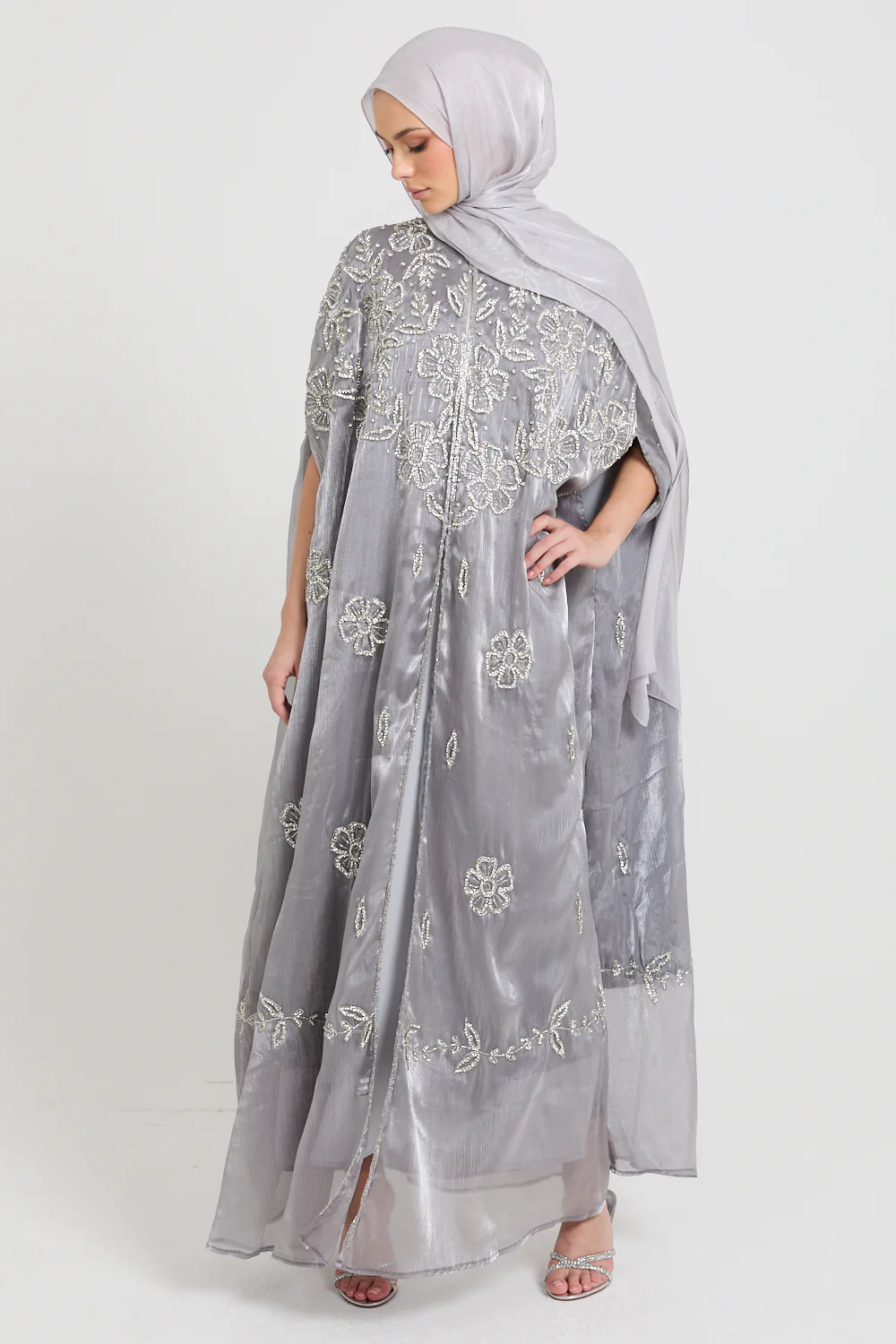 Luxury Moonlit Petals Embellished Cape - Silver Bloom - Image 5