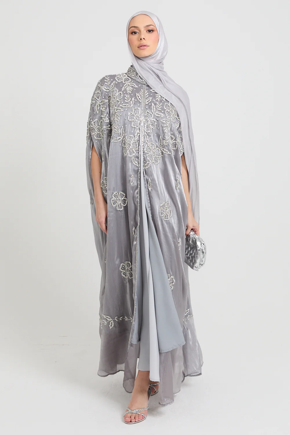 Luxury Moonlit Petals Embellished Cape - Silver Bloom - Image 6