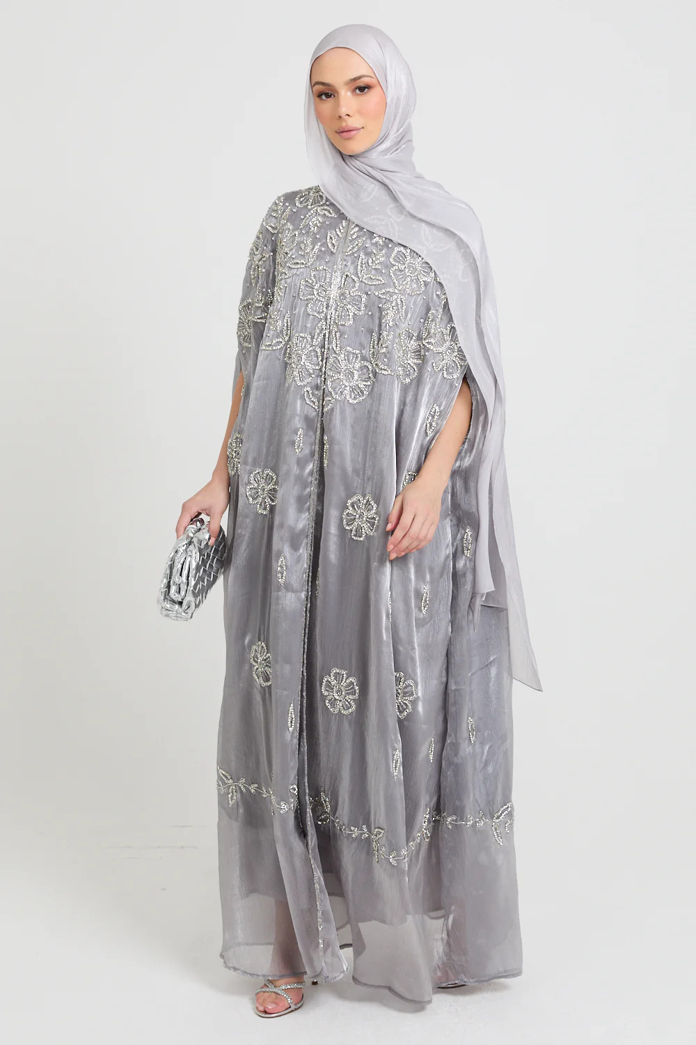 Luxury Moonlit Petals Embellished Cape - Silver Bloom - Image 7