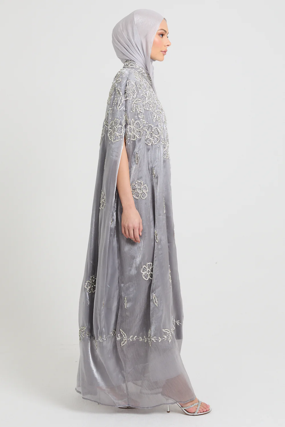 Luxury Moonlit Petals Embellished Cape - Silver Bloom - Image 8