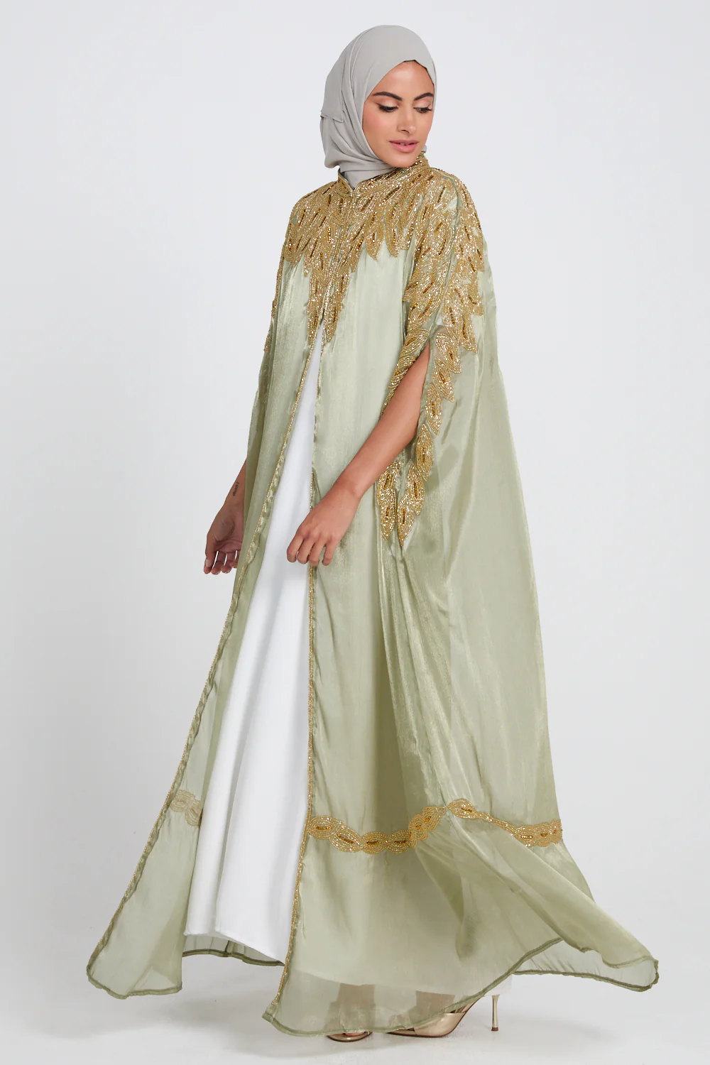 Luxury Motif Embellished Cape - Sage Mint