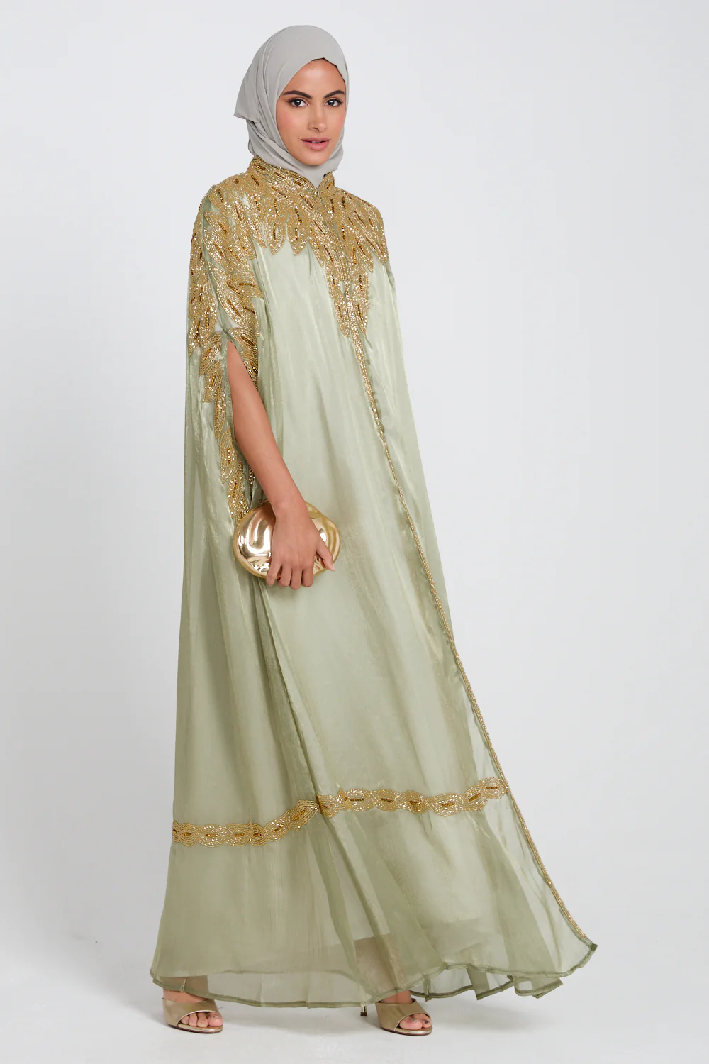 Luxury Motif Embellished Cape - Sage Mint - Image 3