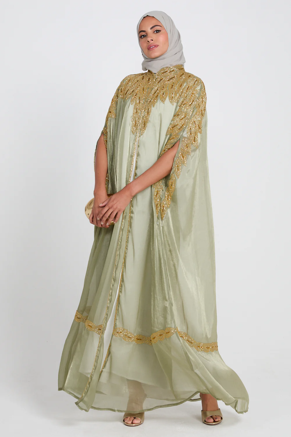 Luxury Motif Embellished Cape - Sage Mint - Image 6