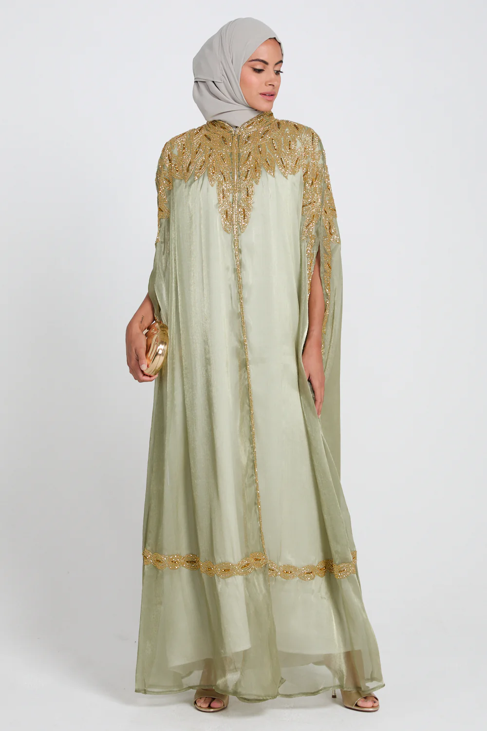 Luxury Motif Embellished Cape - Sage Mint - Image 7