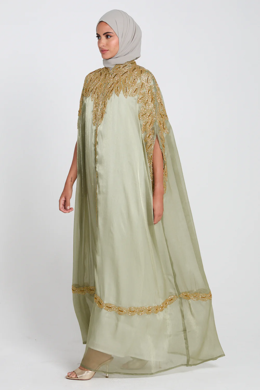 Luxury Motif Embellished Cape - Sage Mint - Image 8