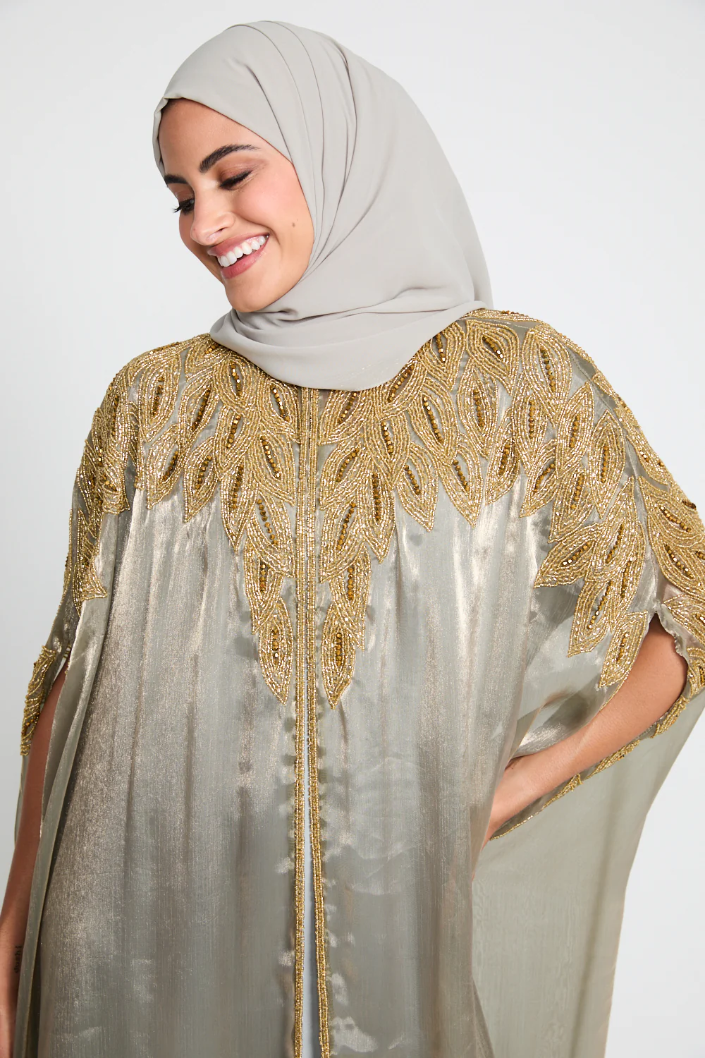 Luxury Motif Embellished Cape - Stone Sage - Image 2