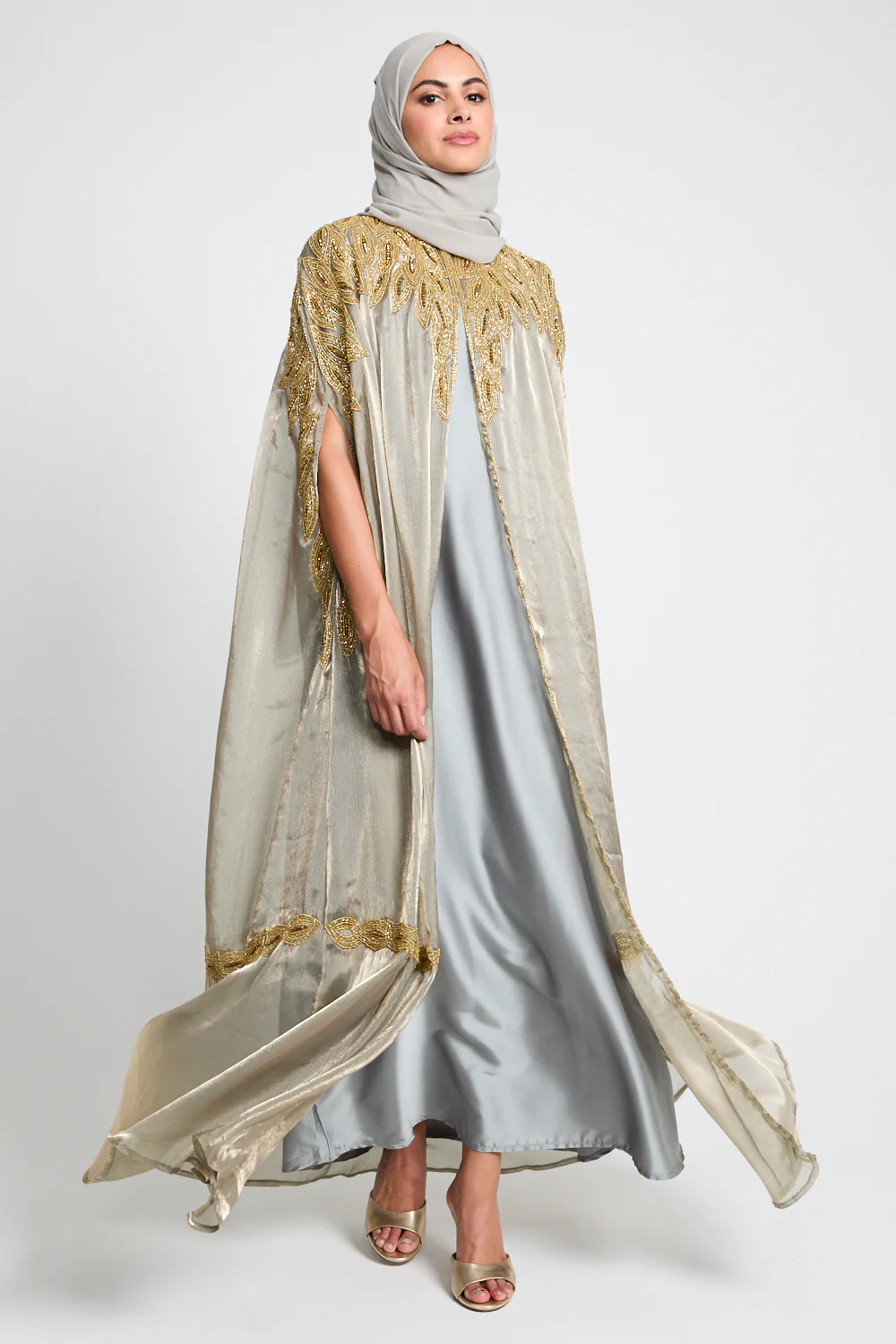 Luxury Motif Embellished Cape - Stone Sage - Image 3