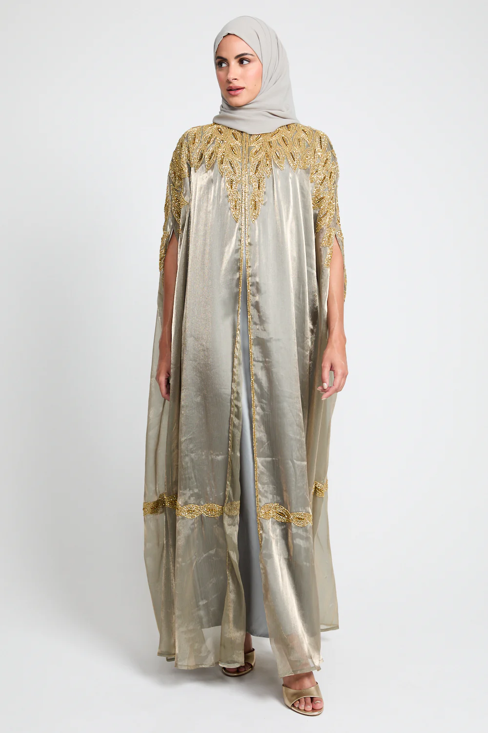 Luxury Motif Embellished Cape - Stone Sage - Image 5