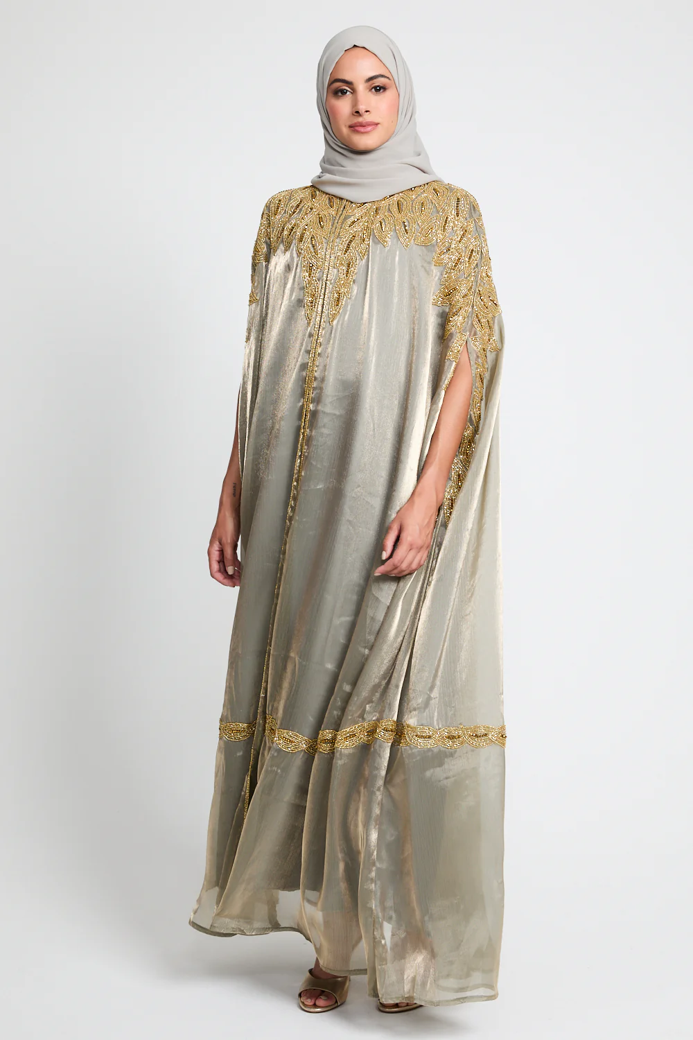 Luxury Motif Embellished Cape - Stone Sage - Image 6