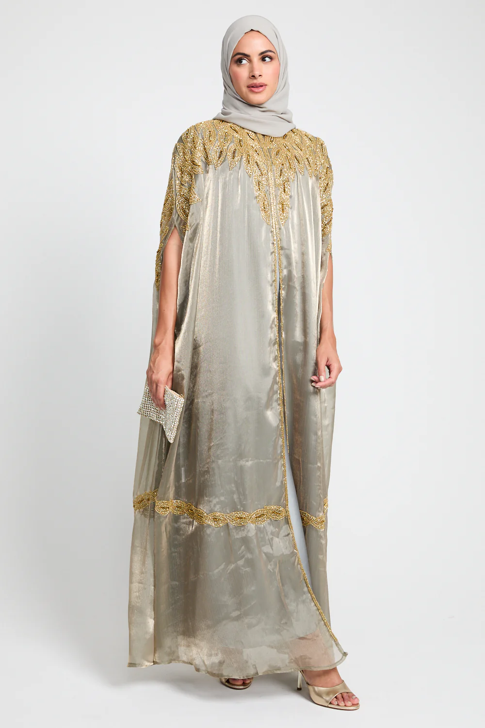Luxury Motif Embellished Cape - Stone Sage - Image 8