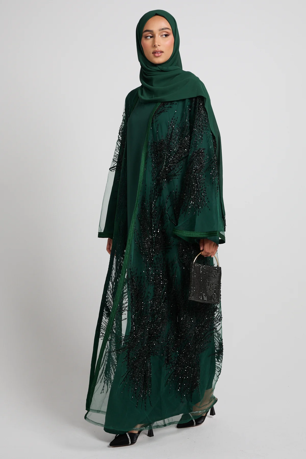 Luxury Noir Fern Embellished Three Piece Abaya Set – Emerald - LIMITED EDITION - PRE ORDER