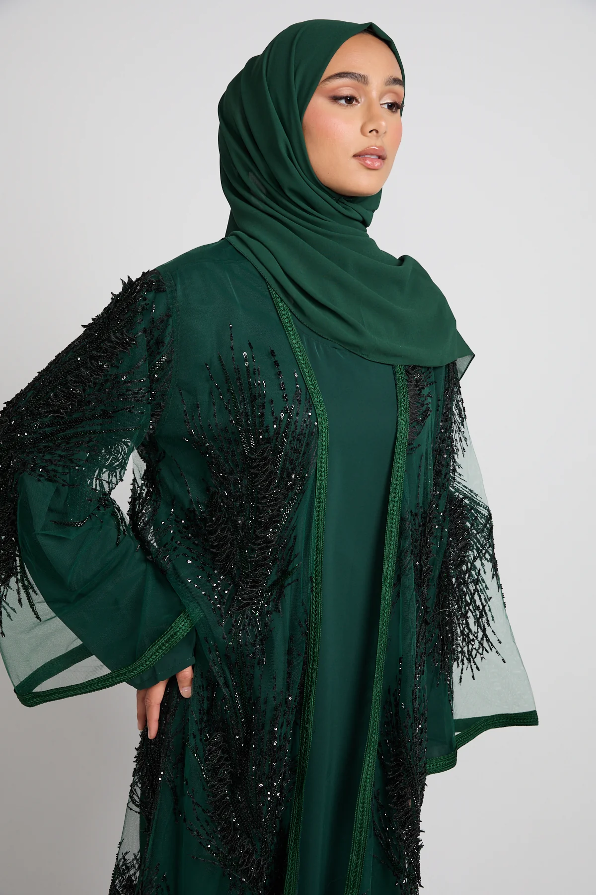 Luxury Noir Fern Embellished Three Piece Abaya Set – Emerald - LIMITED EDITION - PRE ORDER - Image 2