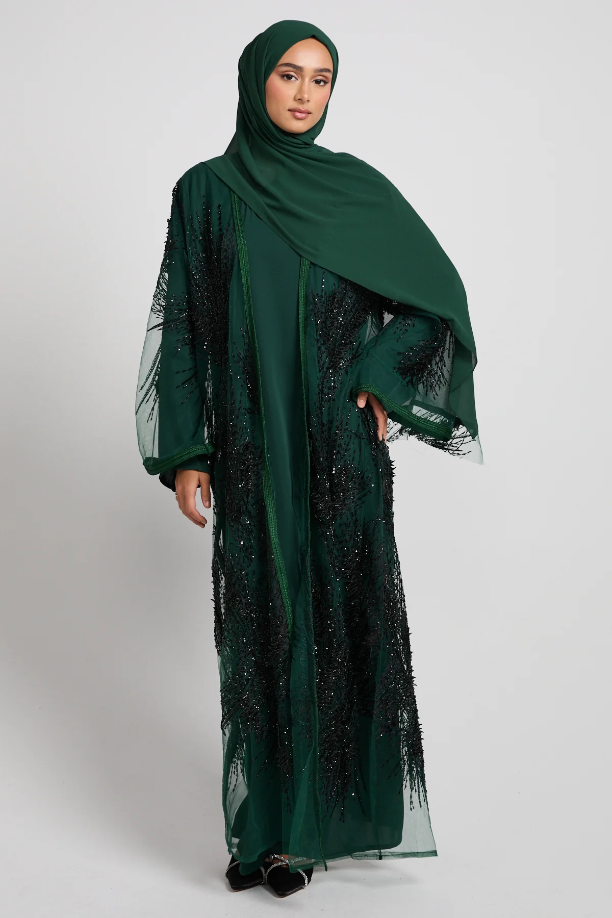 Luxury Noir Fern Embellished Three Piece Abaya Set – Emerald - LIMITED EDITION - PRE ORDER - Image 3