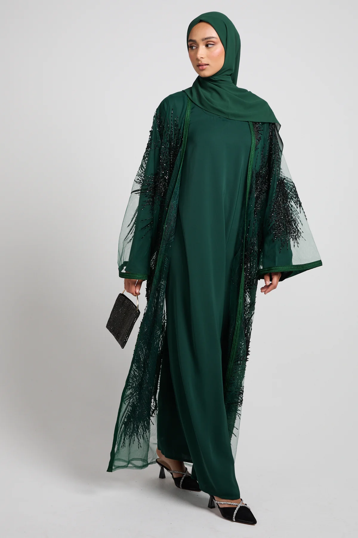 Luxury Noir Fern Embellished Three Piece Abaya Set – Emerald - LIMITED EDITION - PRE ORDER - Image 4