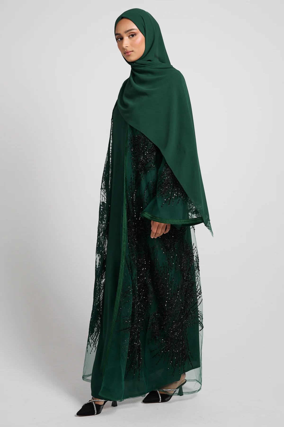 Luxury Noir Fern Embellished Three Piece Abaya Set – Emerald - LIMITED EDITION - PRE ORDER - Image 5