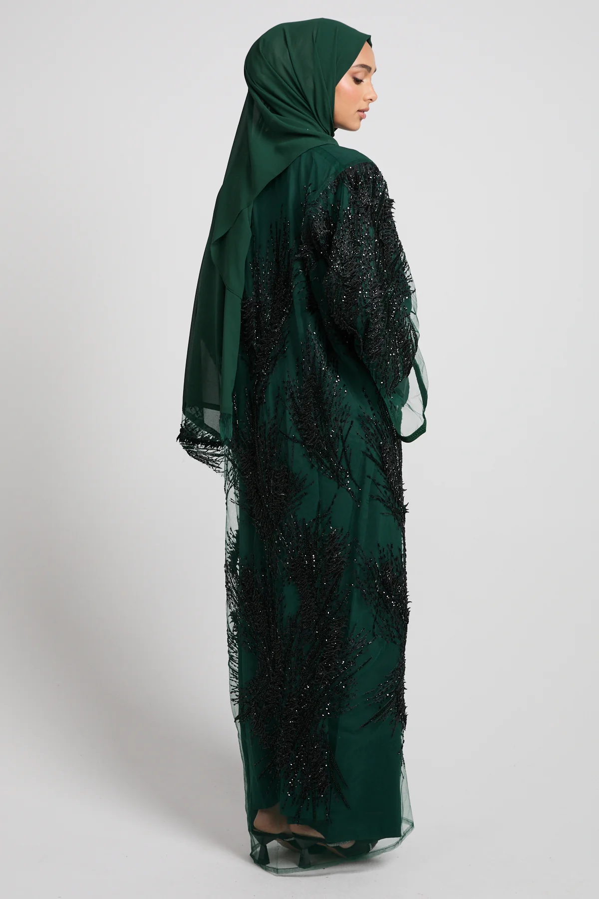Luxury Noir Fern Embellished Three Piece Abaya Set – Emerald - LIMITED EDITION - PRE ORDER - Image 7