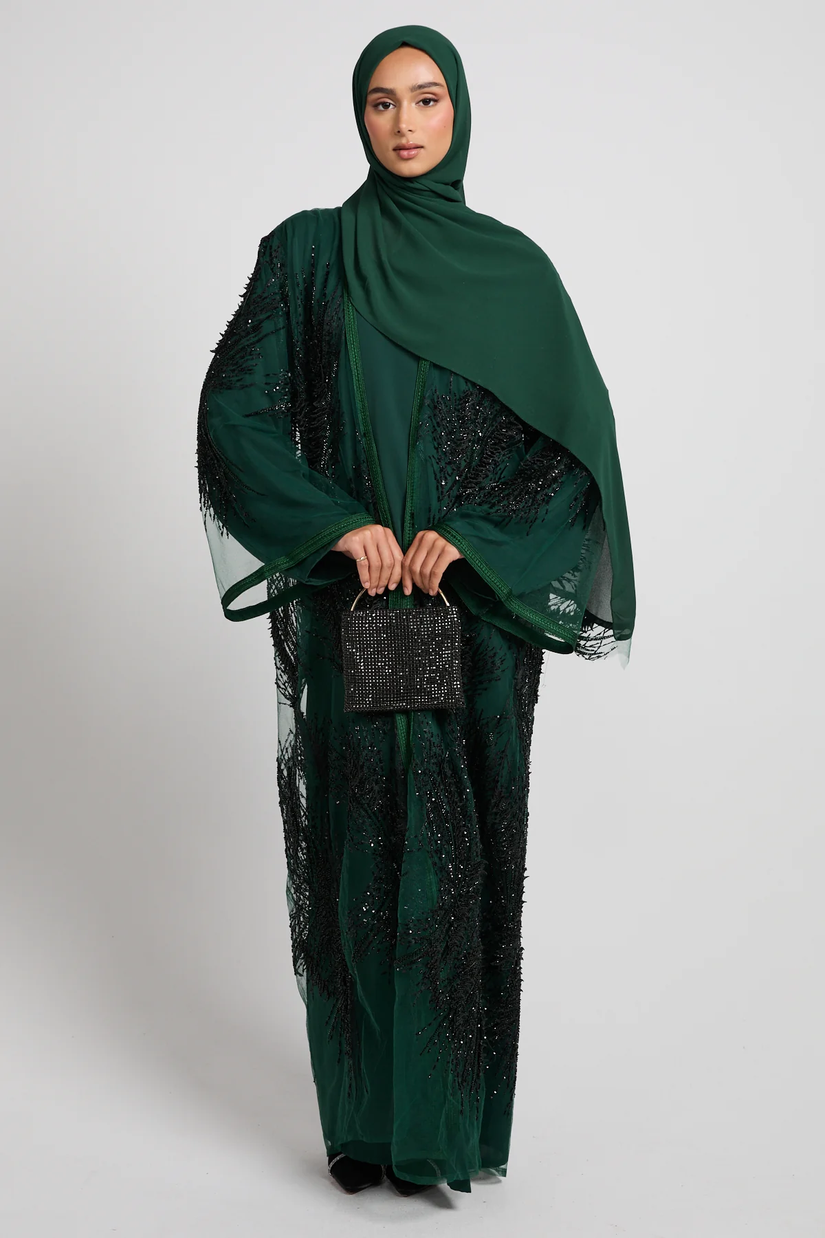 Luxury Noir Fern Embellished Three Piece Abaya Set – Emerald - LIMITED EDITION - PRE ORDER - Image 8