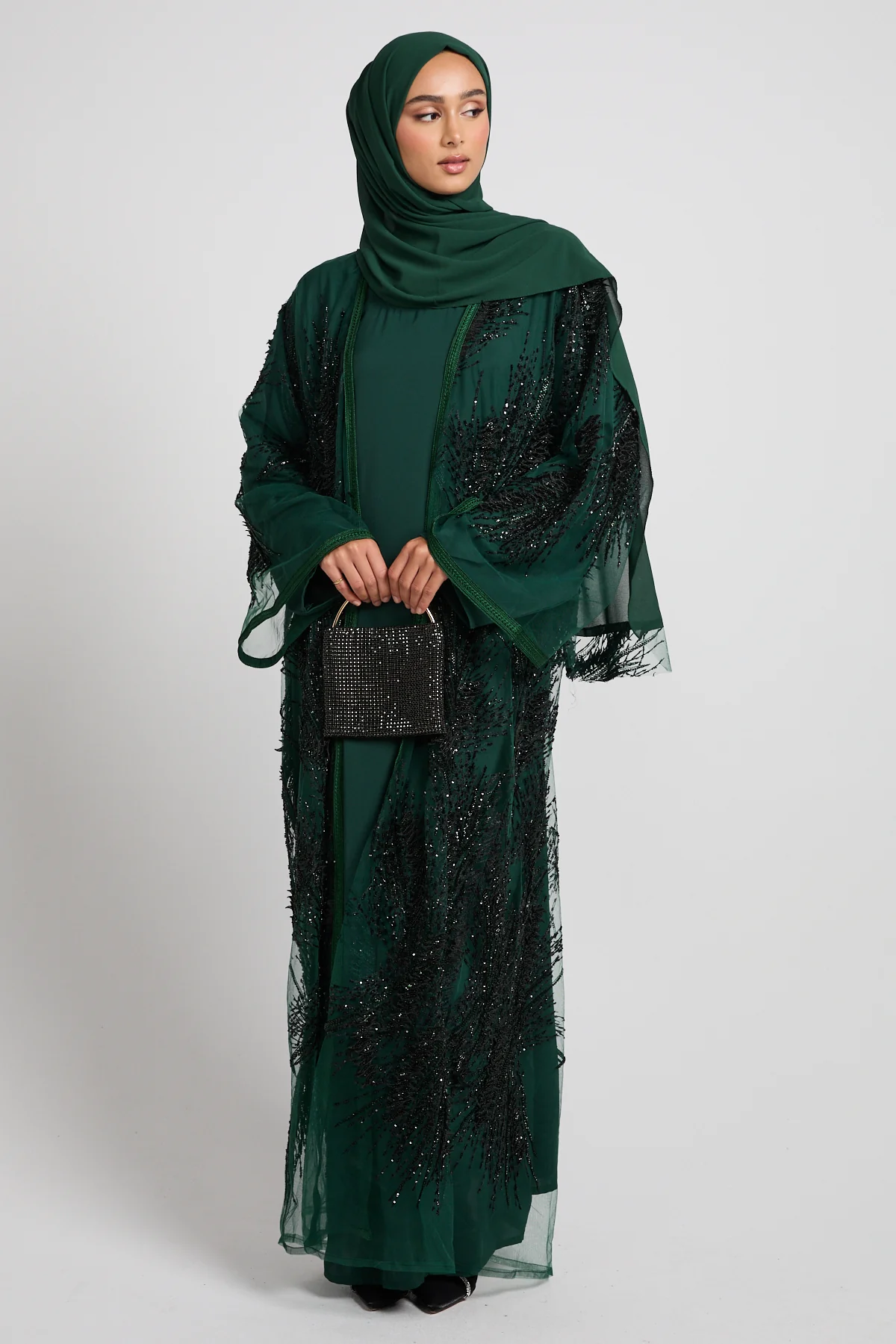 Luxury Noir Fern Embellished Three Piece Abaya Set – Emerald - LIMITED EDITION - PRE ORDER - Image 9