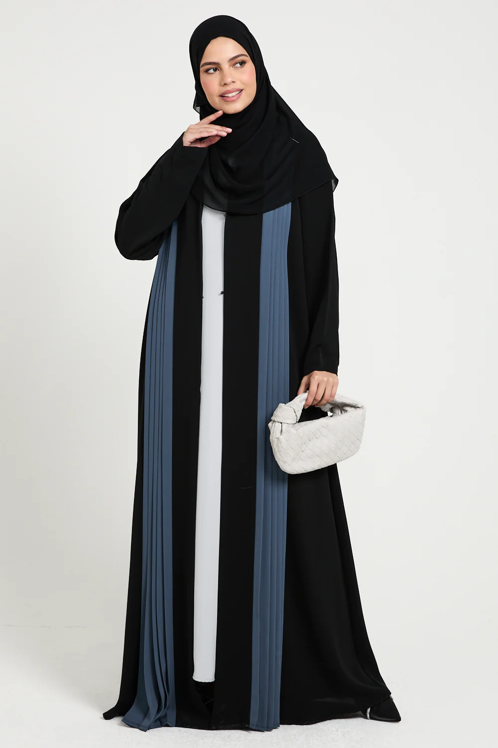 Luxury Pleated Detailed Open Abaya - Black and Slate Blue - Image 4