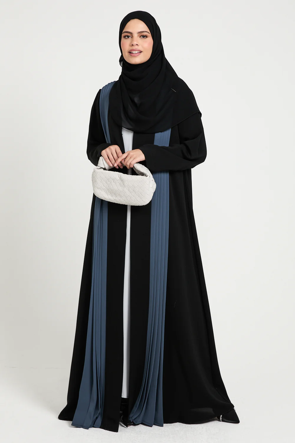 Luxury Pleated Detailed Open Abaya - Black and Slate Blue - Image 6