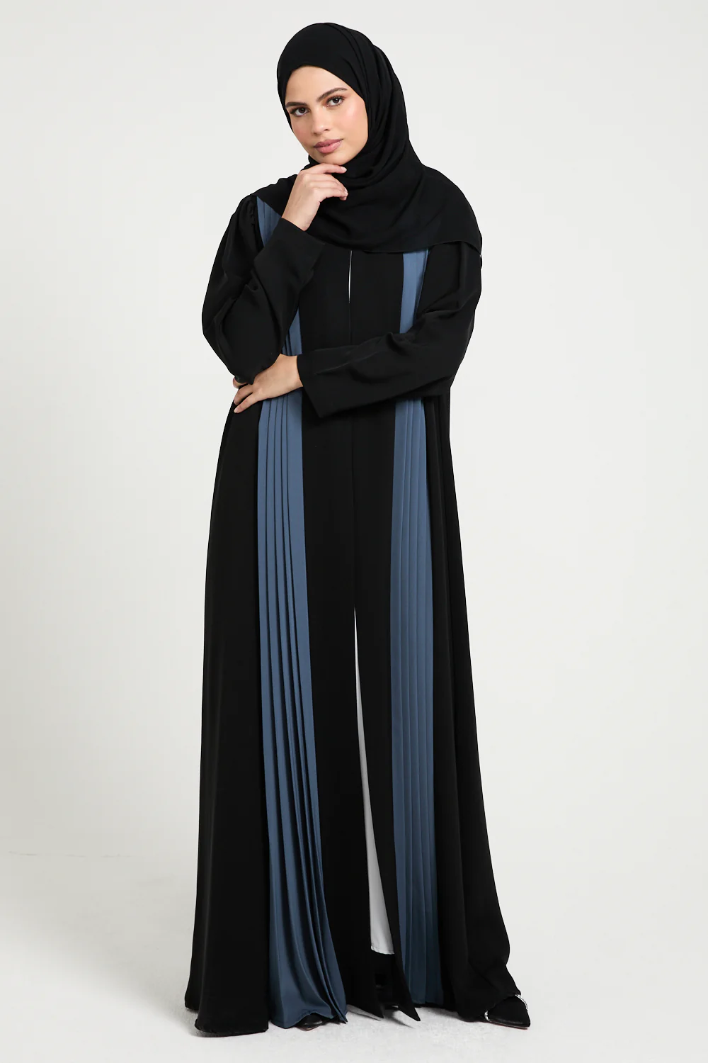 Luxury Pleated Detailed Open Abaya - Black and Slate Blue - Image 8
