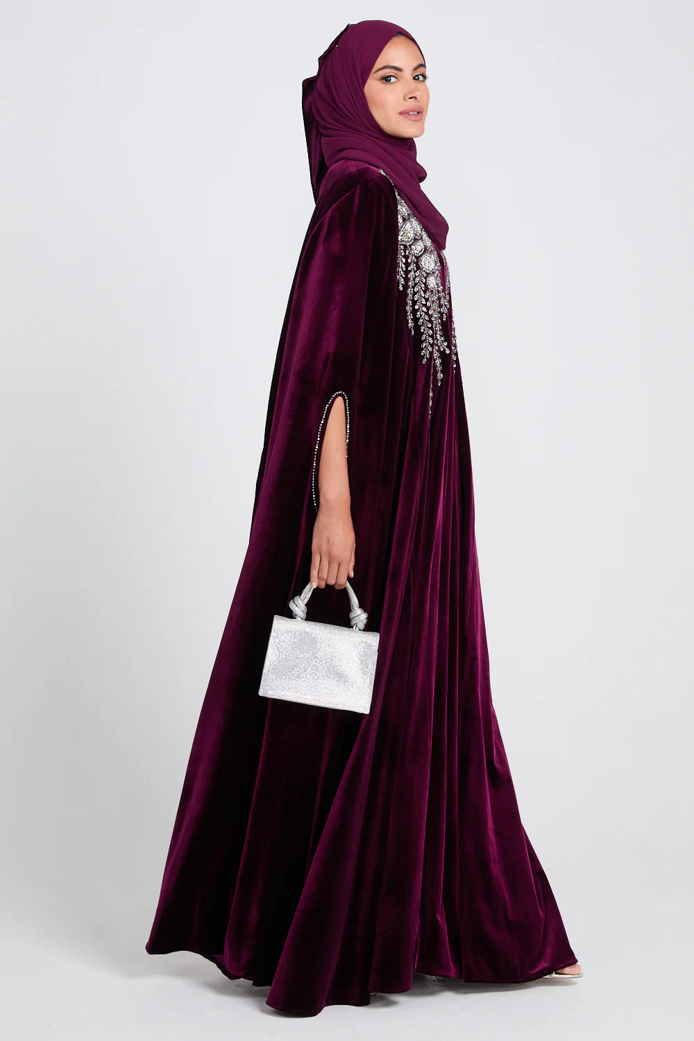 Luxury Rich Wineberry Velvet Embellished Cape - Image 3