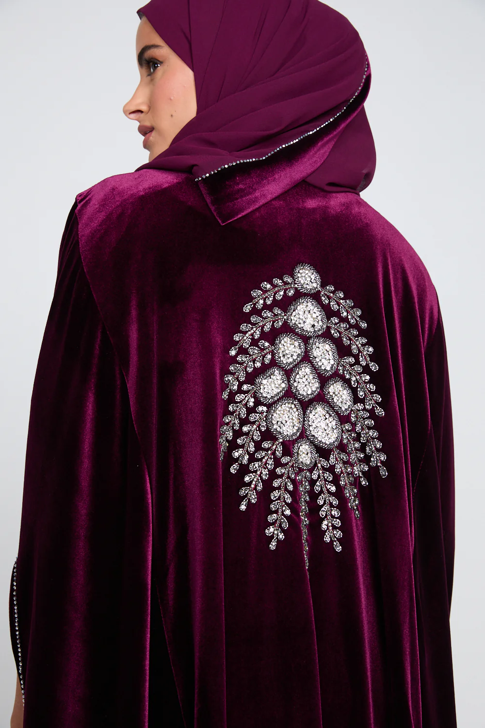 Luxury Rich Wineberry Velvet Embellished Cape - Image 4