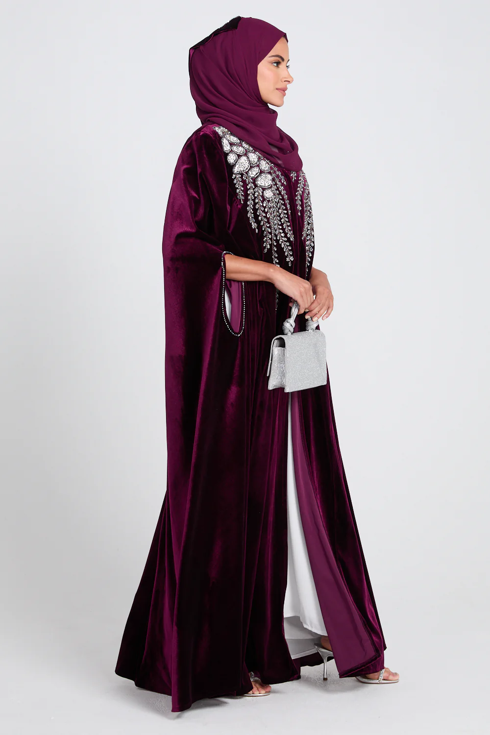 Luxury Rich Wineberry Velvet Embellished Cape - Image 7