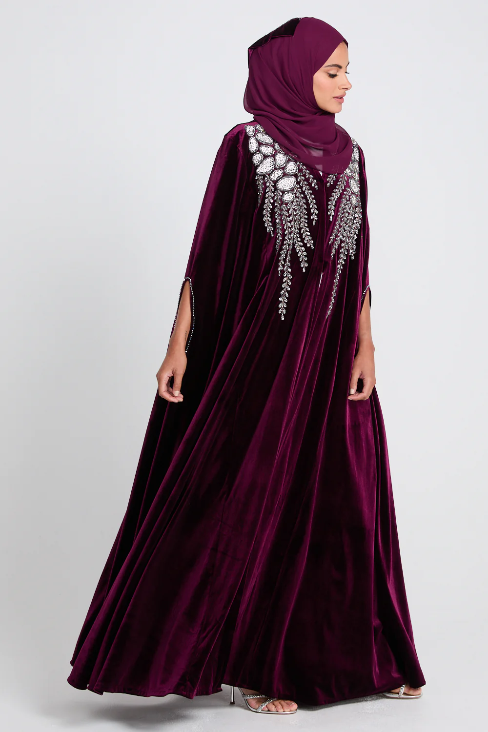 Luxury Rich Wineberry Velvet Embellished Cape - Image 9