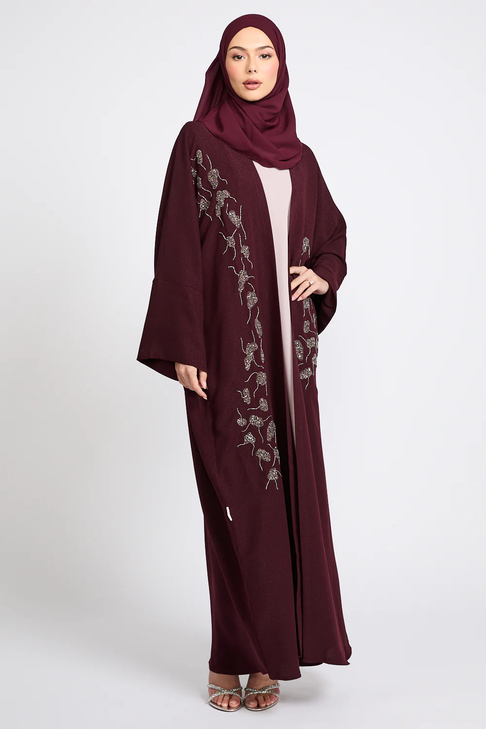 Luxury Royale Dusk Embellished Open Abaya - Deep Burgundy