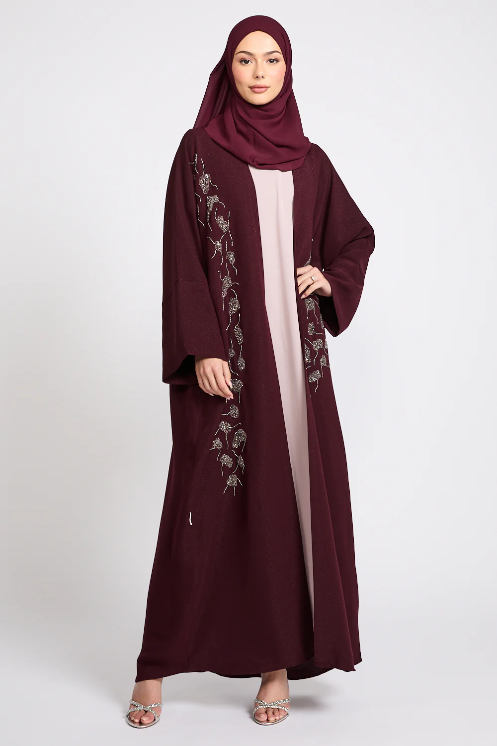 Luxury Royale Dusk Embellished Open Abaya - Deep Burgundy - Image 3